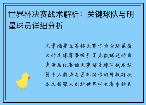 世界杯决赛战术解析：关键球队与明星球员详细分析